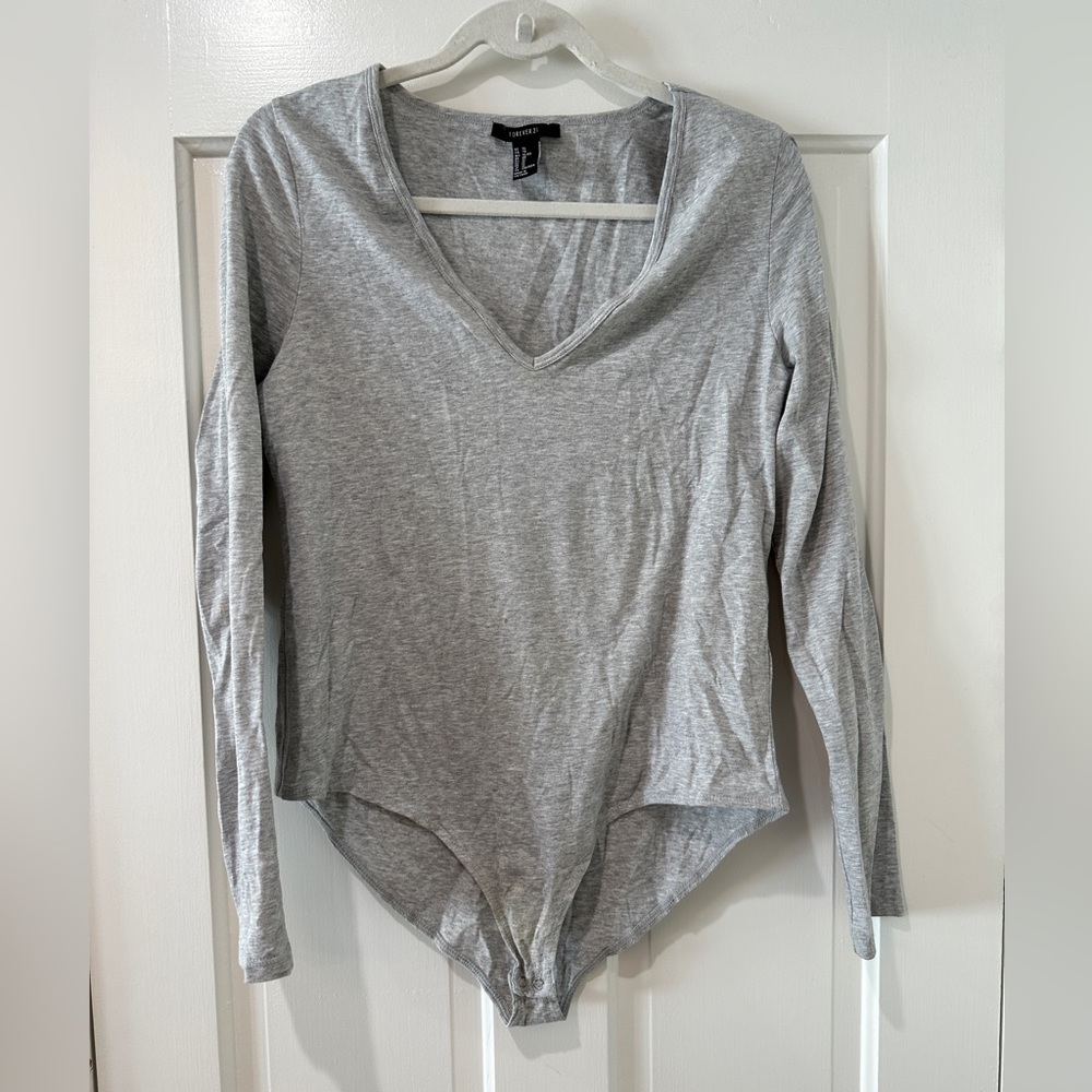 Forever 21 long sleeve light grey v neck thong bodysuit